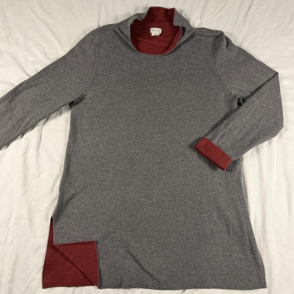 Aspen Womens XL Grey Burgundy Mock Neck Tunic Sweater Side Slit Long Sleeve Knit